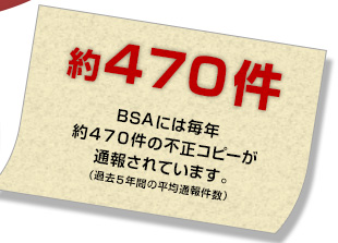 【約４７０件】BSAには毎年約４７０件の不正コピーが通報されています。（過去５年間の平均通報件数）