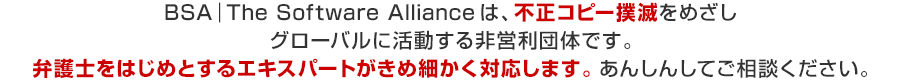 BSA｜The Software Allianceは、不正コピー撲滅をめざしグローバルに活動する非営利団体です。弁護士をはじめとするエキスパートがきめ細かく対応します。あんしんしてご相談ください。