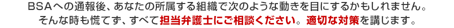 BSAへの通報後、あなたの所属する組織で次のような動きを目にするかもしれません。そんな時も慌てず、すべて担当弁護士にご相談ください。適切な対策を講じます。